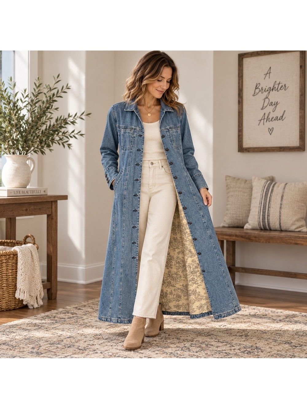Vintage Style Long Denim Duster Coat Dress Toile Lined J Jill Petite 2P